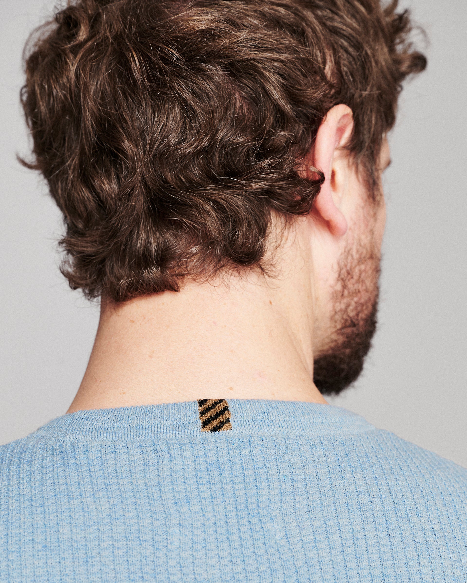 Close-up back view of a man with curly brown hair wearing a light blue textured knit sweater, showing a small black and tan striped accent tab at the back of the collar.