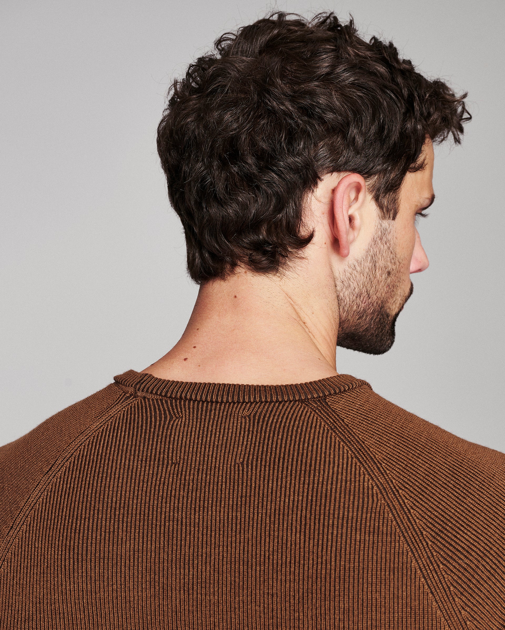 A man shown from the back and side profile wearing a brown ribbed knit crewneck sweater against a plain light gray studio background.