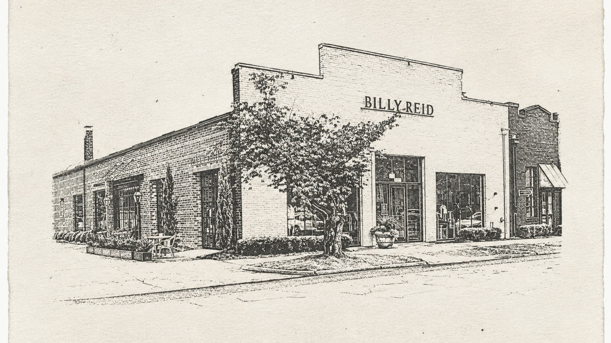 A black and white sketch-style illustration of a storefront building with the sign 'BILLY REID' above the entrance, shown on a plain light background.