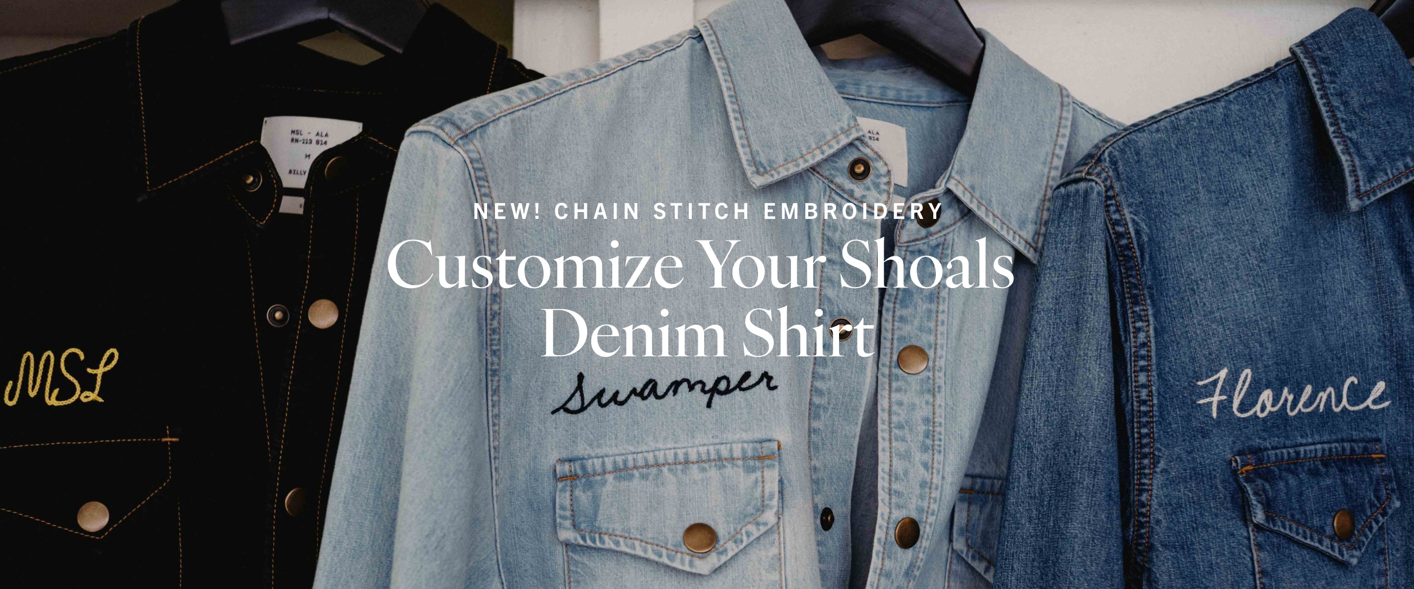 Denim shirt with personalized chain stitch embroidery on a white background