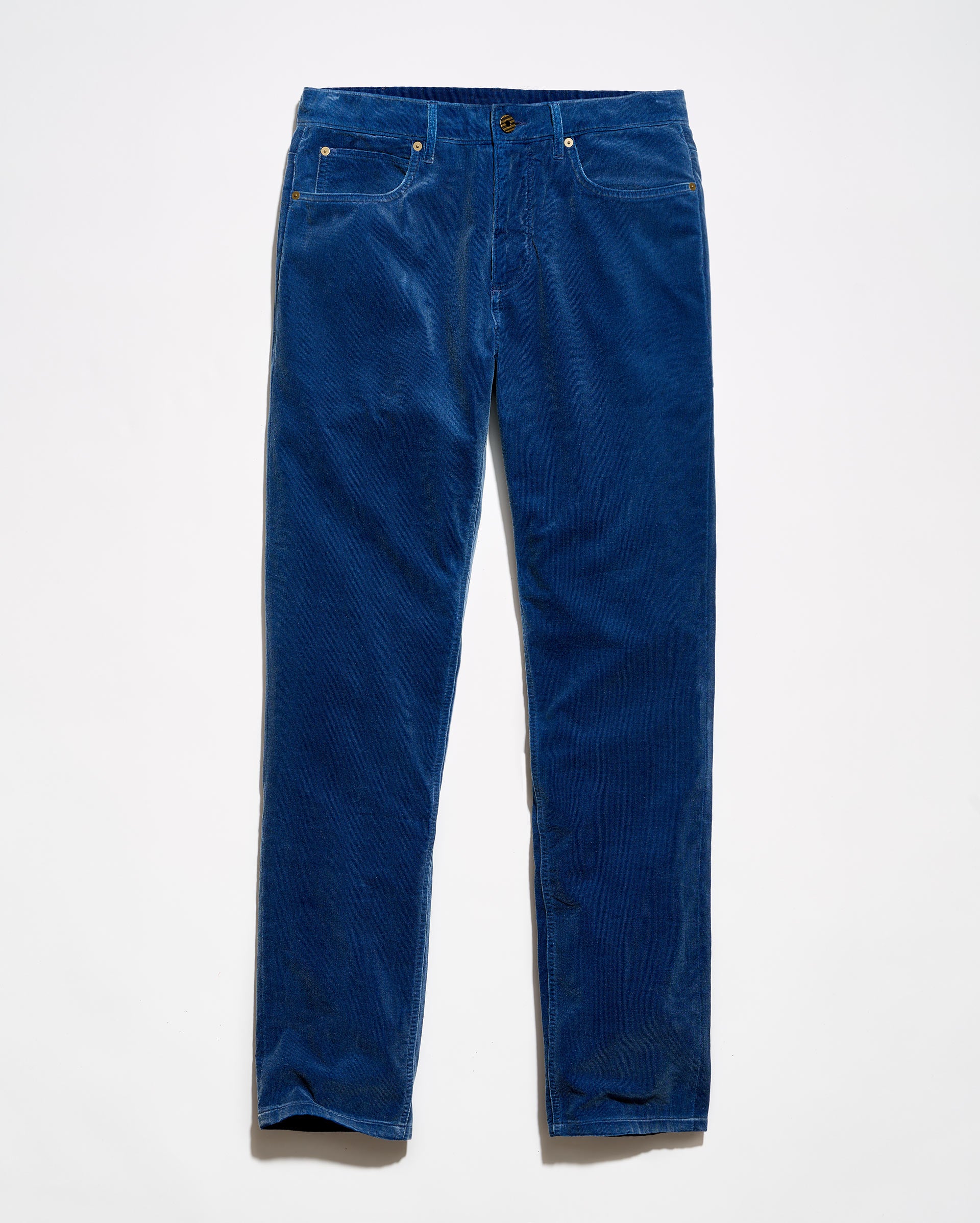 A pair of blue corduroy jeans shown flat against a plain white background.