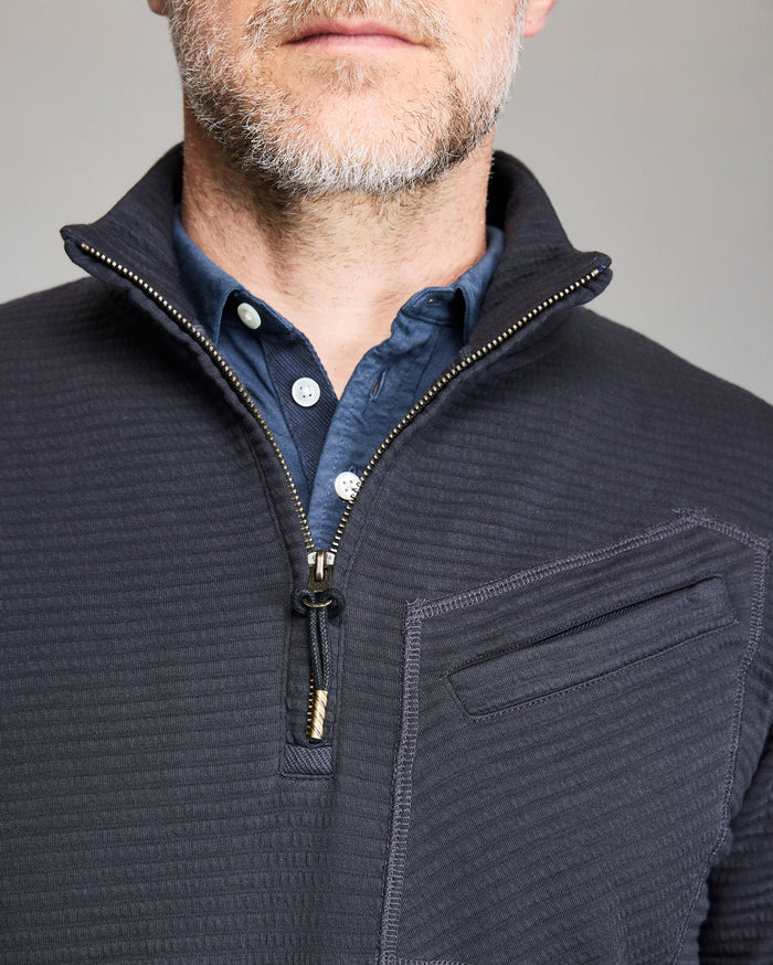 A close-up of a man wearing a dark textured quarter-zip pullover over a blue button-up shirt. The pullover features a zippered chest pocket. The mans face is partially visible, showing a beard and gray hair.