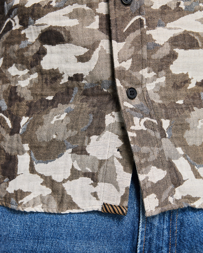 Camouflage jacket with button details on a blue denim background