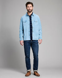 Man wearing a light blue denim jacket over a dark shirt, paired with dark jeans and brown shoes on a gray background.