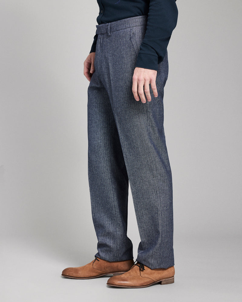 Herringbone Silk Wool Flat Front Trouser