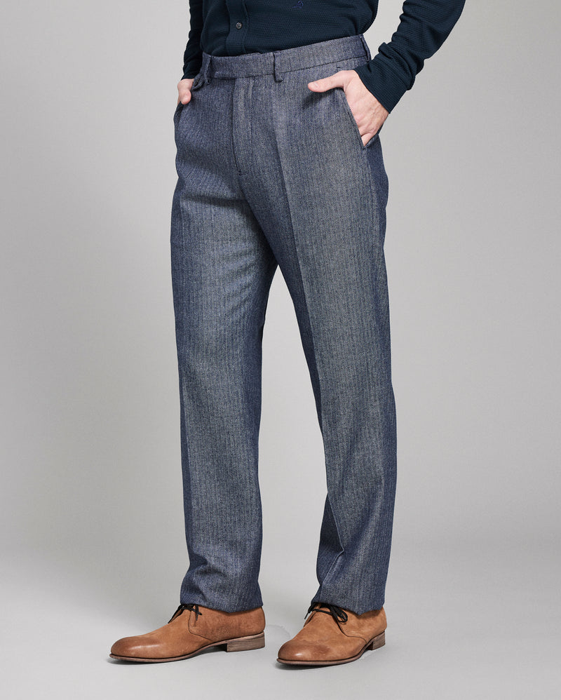 Herringbone Silk Wool Flat Front Trouser