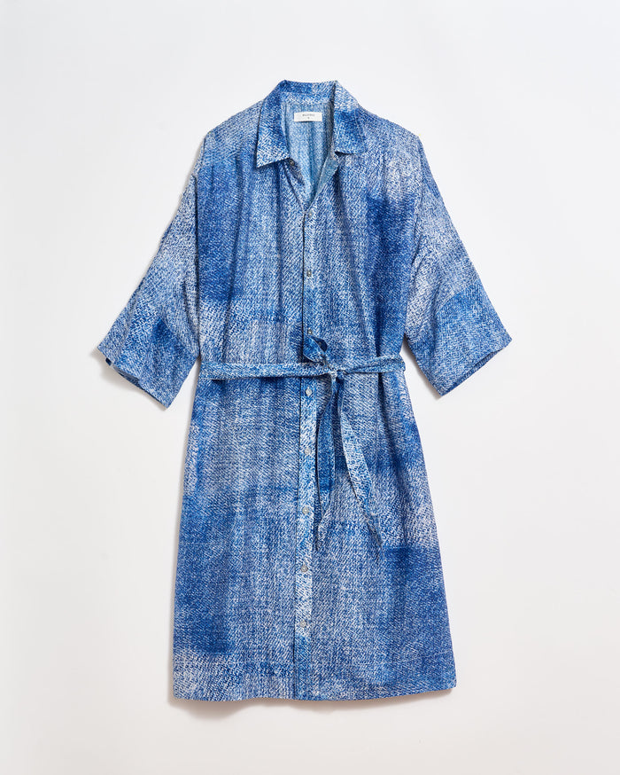Indigo Texture Shirred Shoulder Shirt Dress