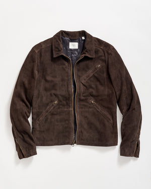 A brown suede jacket with a front zipper, two zippered side pockets, one zippered chest pocket, and zippered cuffs, laid flat on a white background.
