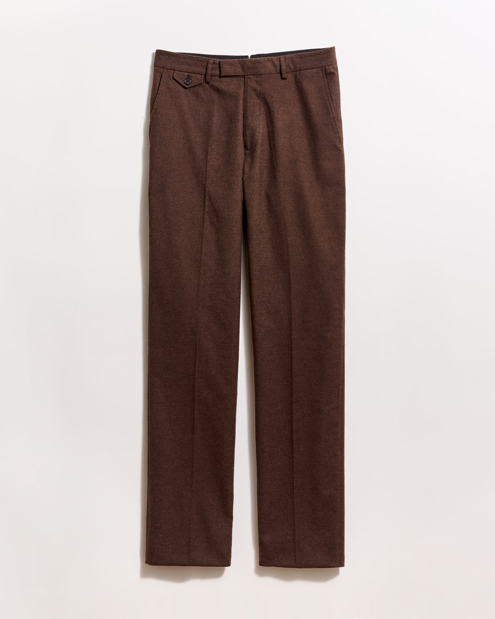 A pair of brown dress pants with a straight-leg cut is displayed against a plain white background. The pants have belt loops, side pockets, and a buttoned flap pocket on the right hip.