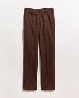 A pair of brown dress pants with a straight-leg cut is displayed against a plain white background. The pants have belt loops, side pockets, and a buttoned flap pocket on the right hip.