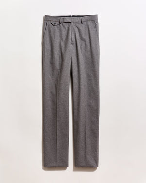 Gray dress pants with a straight-leg cut, side pockets, and a single buttoned flap pocket on the front, displayed against a plain white background.