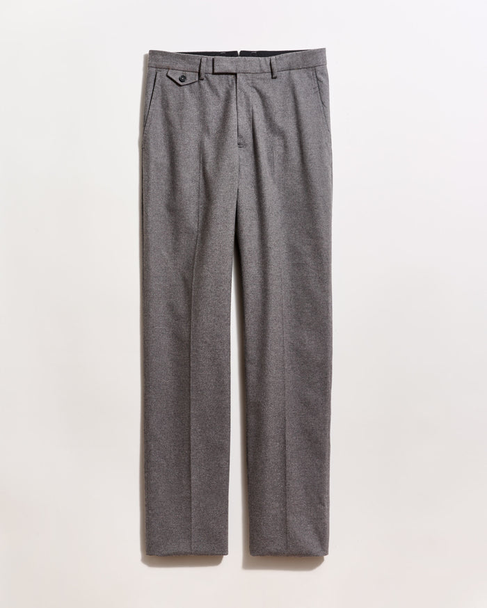 Gray dress pants with a straight-leg cut, side pockets, and a single buttoned flap pocket on the front, displayed against a plain white background.