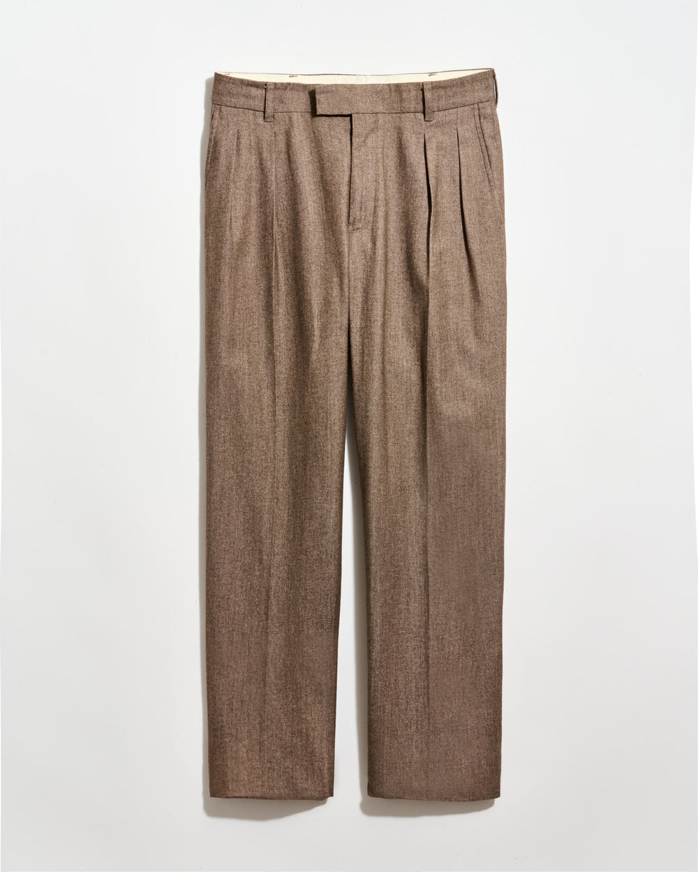 Light brown pleated dress pants with belt loops, front zipper, and straight legs, displayed against a plain white background.
