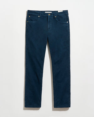 Dark blue straight-leg pants with front and back pockets, gold button closure, and no visible branding, displayed flat against a white background.