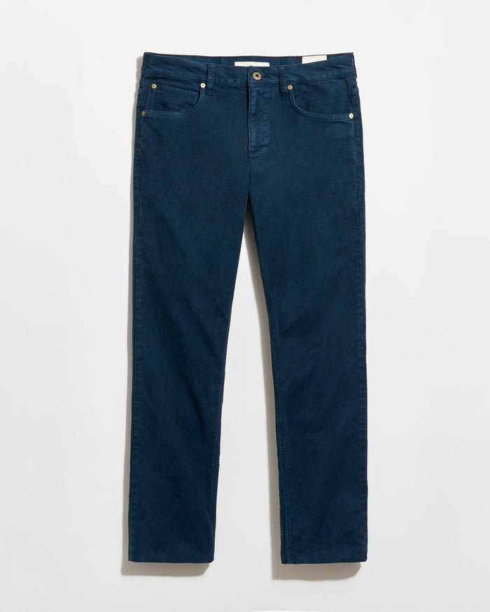 Dark blue straight-leg pants with front and back pockets, gold button closure, and no visible branding, displayed flat against a white background.