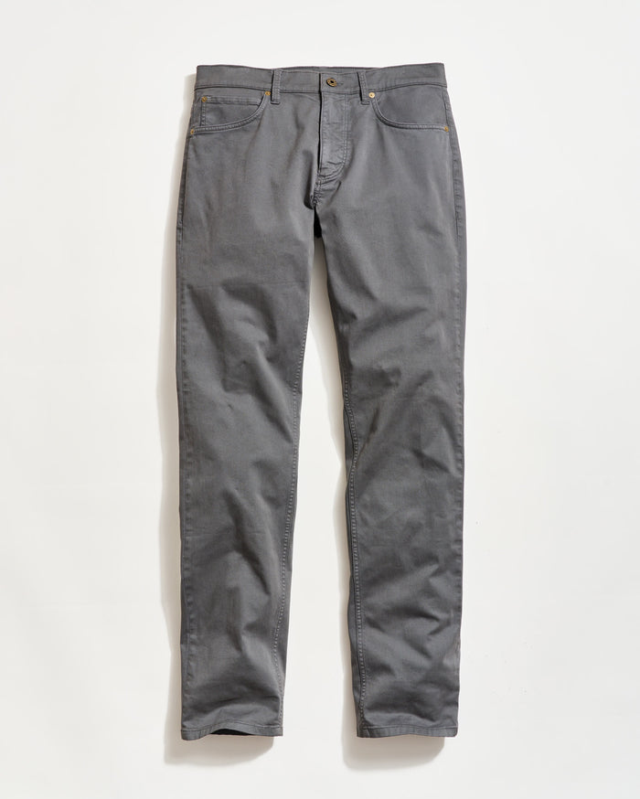 A pair of gray straight-leg pants with front and back pockets, belt loops, and a button and zipper closure, laid flat on a white background.