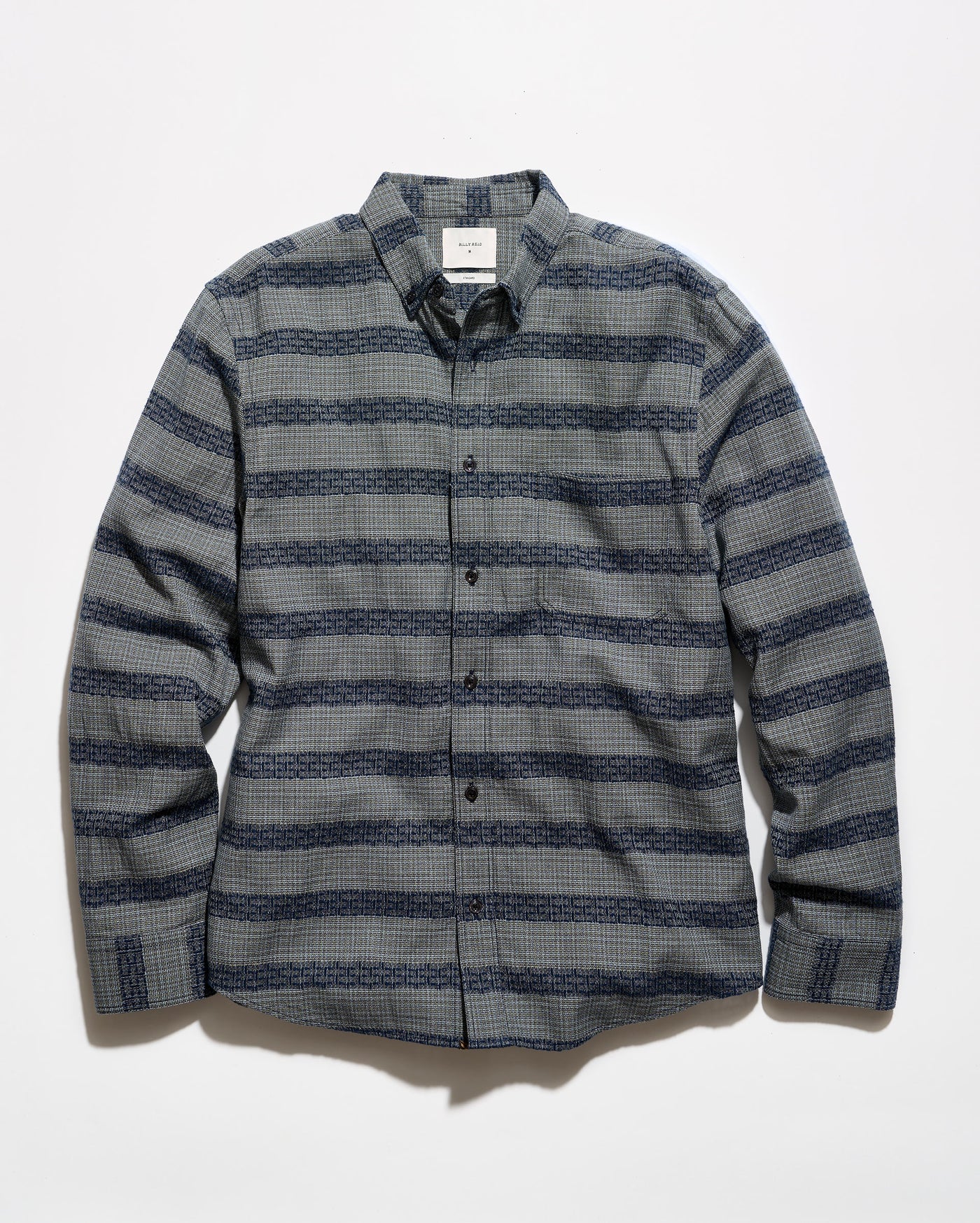A long-sleeve button-up shirt with a textured gray and navy blue horizontal stripe pattern, laid flat against a white background.
