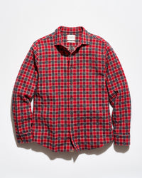 A red and black plaid long-sleeve button-up shirt laid flat against a white background.