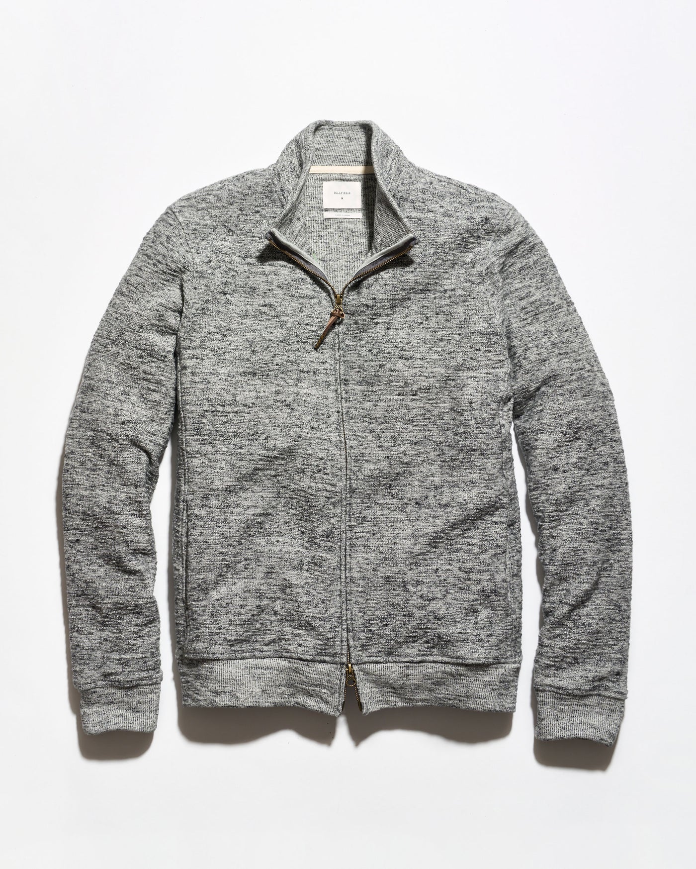 A gray heathered zip-up sweater jacket with a mock neck collar and a brown leather zipper pull, displayed flat against a white background.