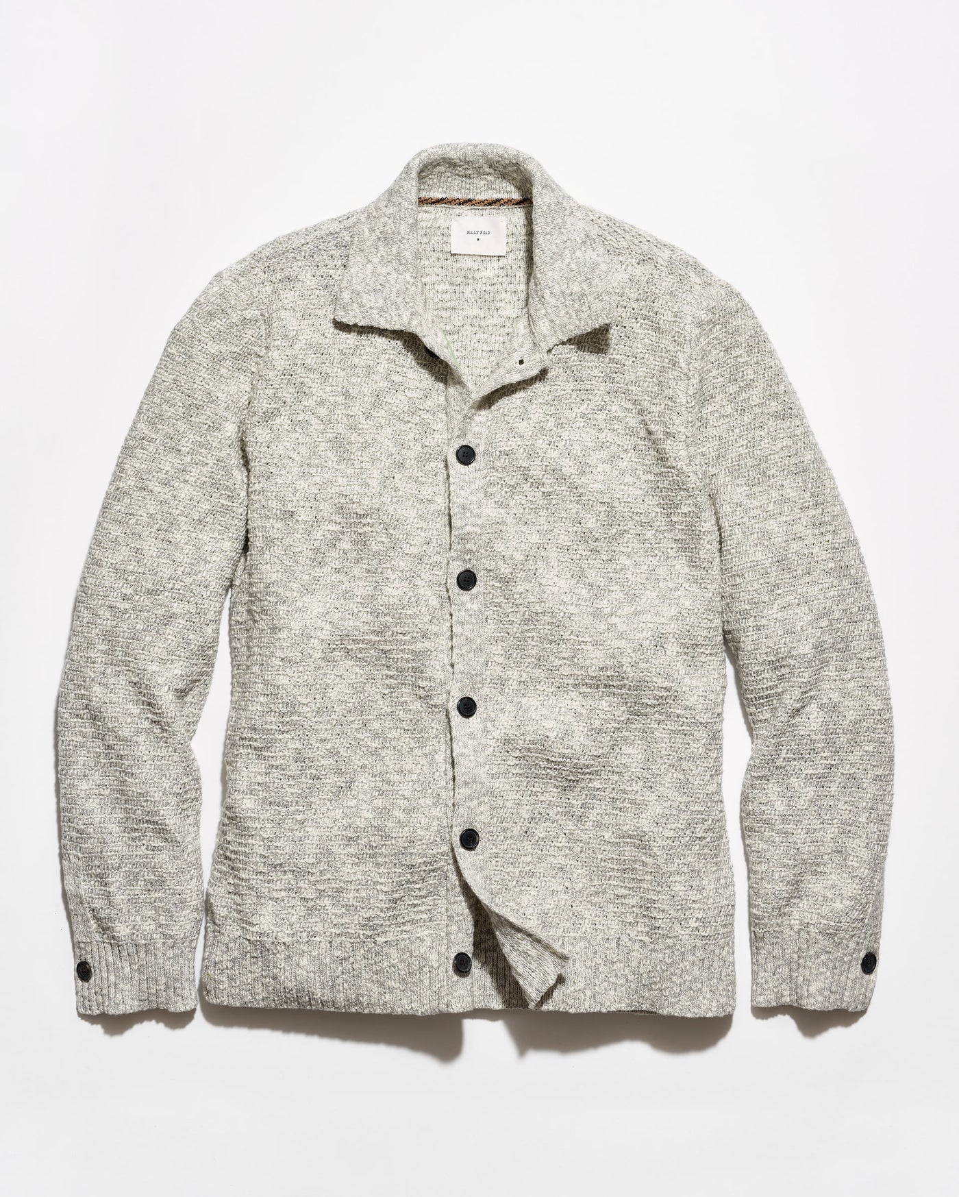 A light gray and white heathered knit cardigan sweater with a collar and dark buttons, laid flat against a white background.