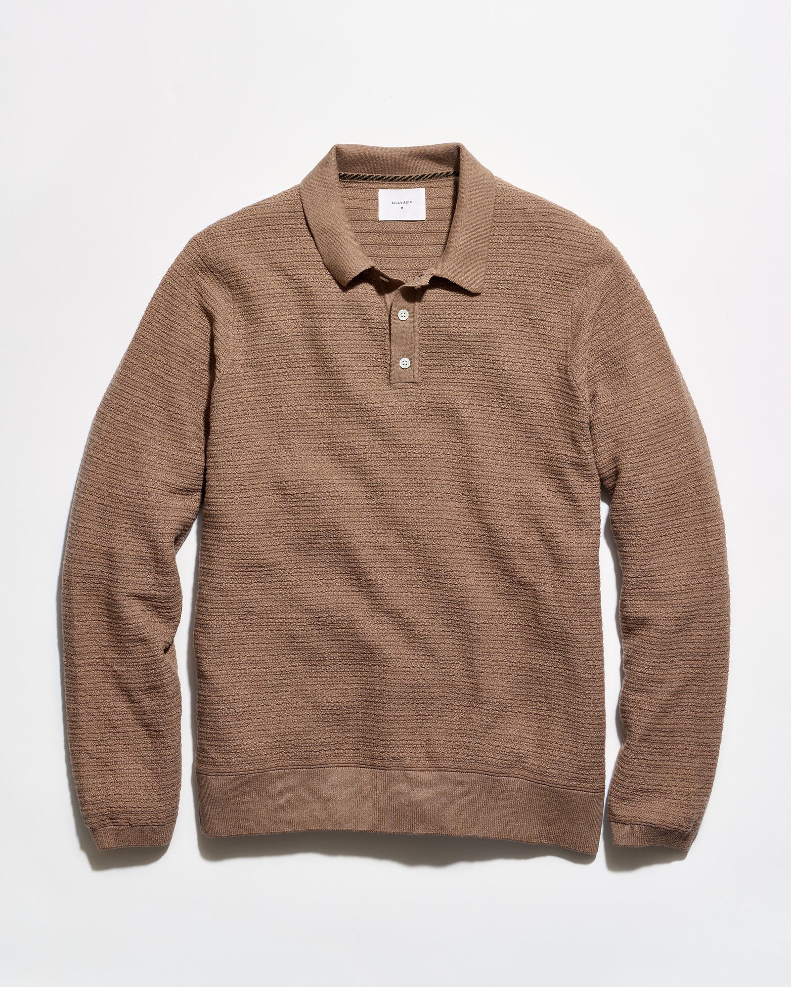 A brown textured knit polo sweater with a collar and two-button placket, laid flat against a clean white background.