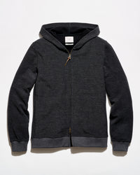 A dark gray heather zip-up hoodie with a black interior hood lining and contrasting dark gray ribbed cuffs and hem, shown flat on a light gray background.