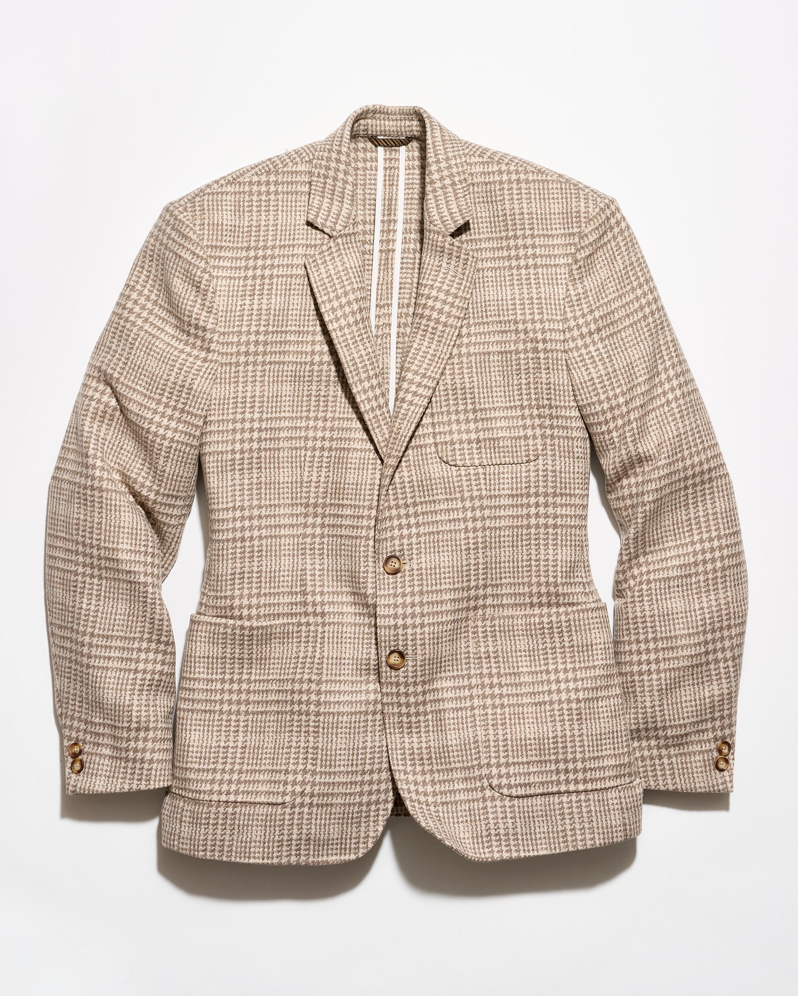 A beige and brown plaid blazer jacket with a two-button closure, displayed flat against a clean white background.