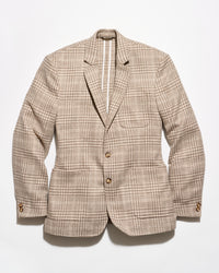 A beige and brown plaid blazer jacket with a two-button closure, displayed flat against a clean white background.