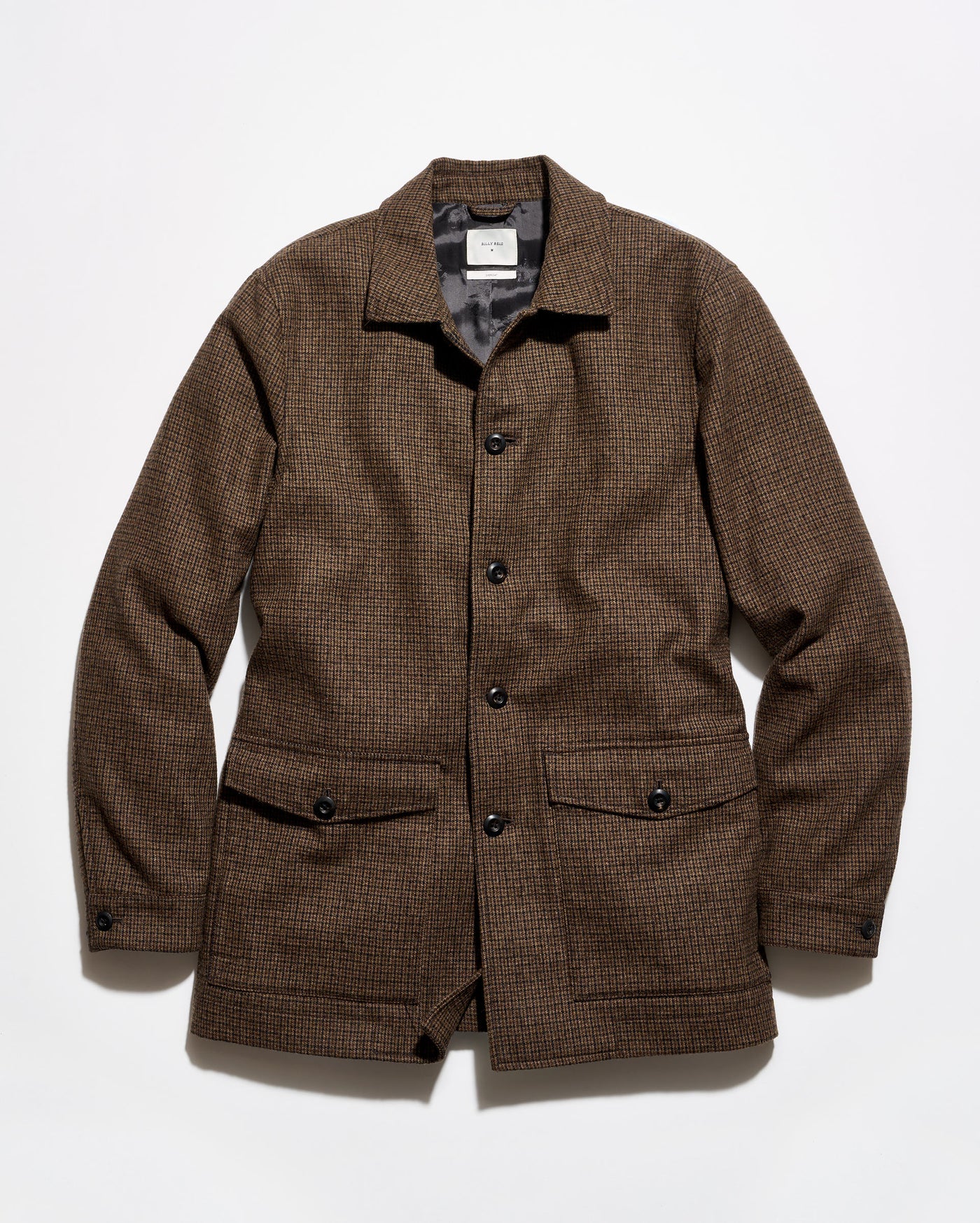 A brown textured tweed jacket with a button-up front, collar, and two front flap pockets, laid flat against a white background.