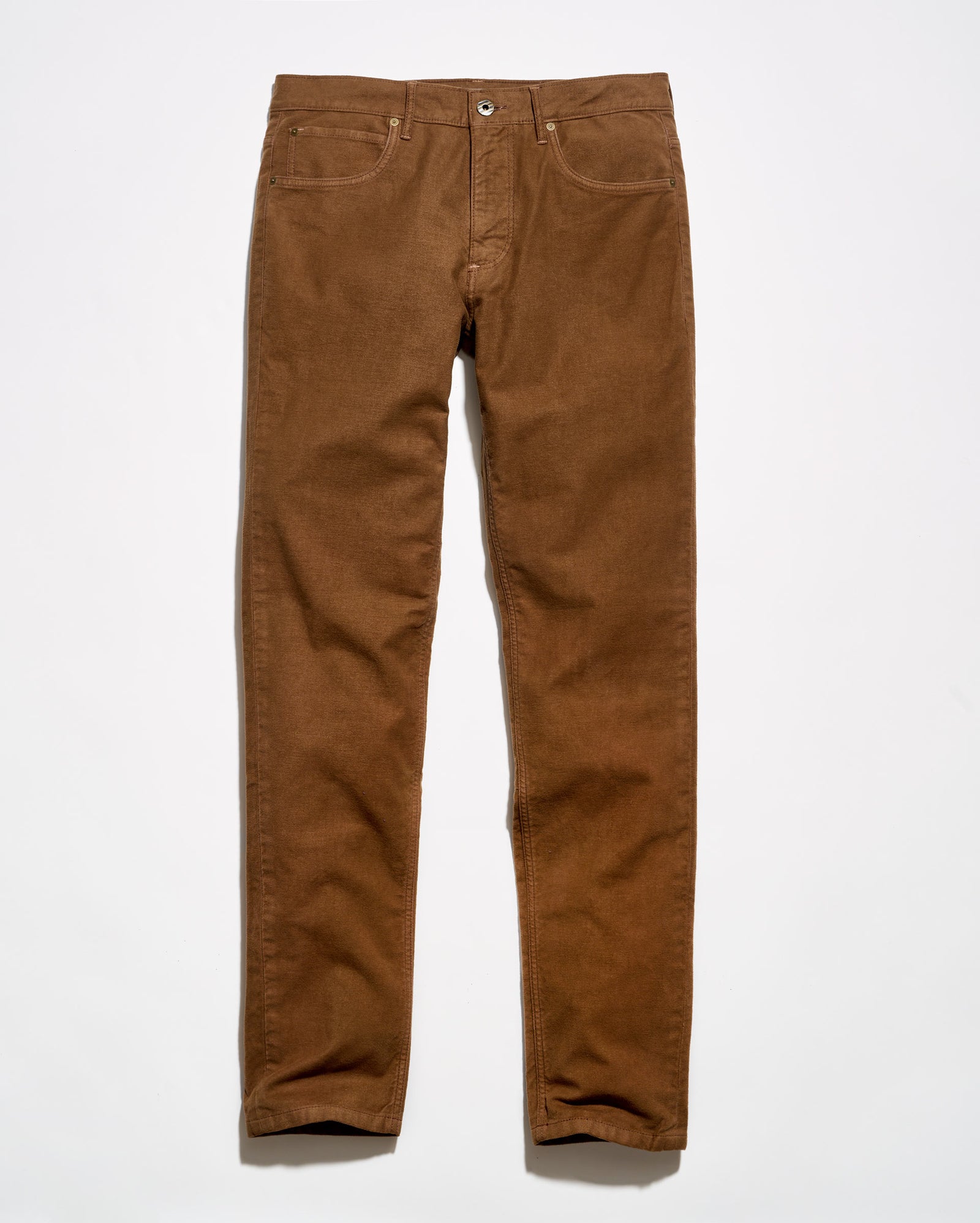 A pair of brown corduroy pants laid flat against a clean white background.