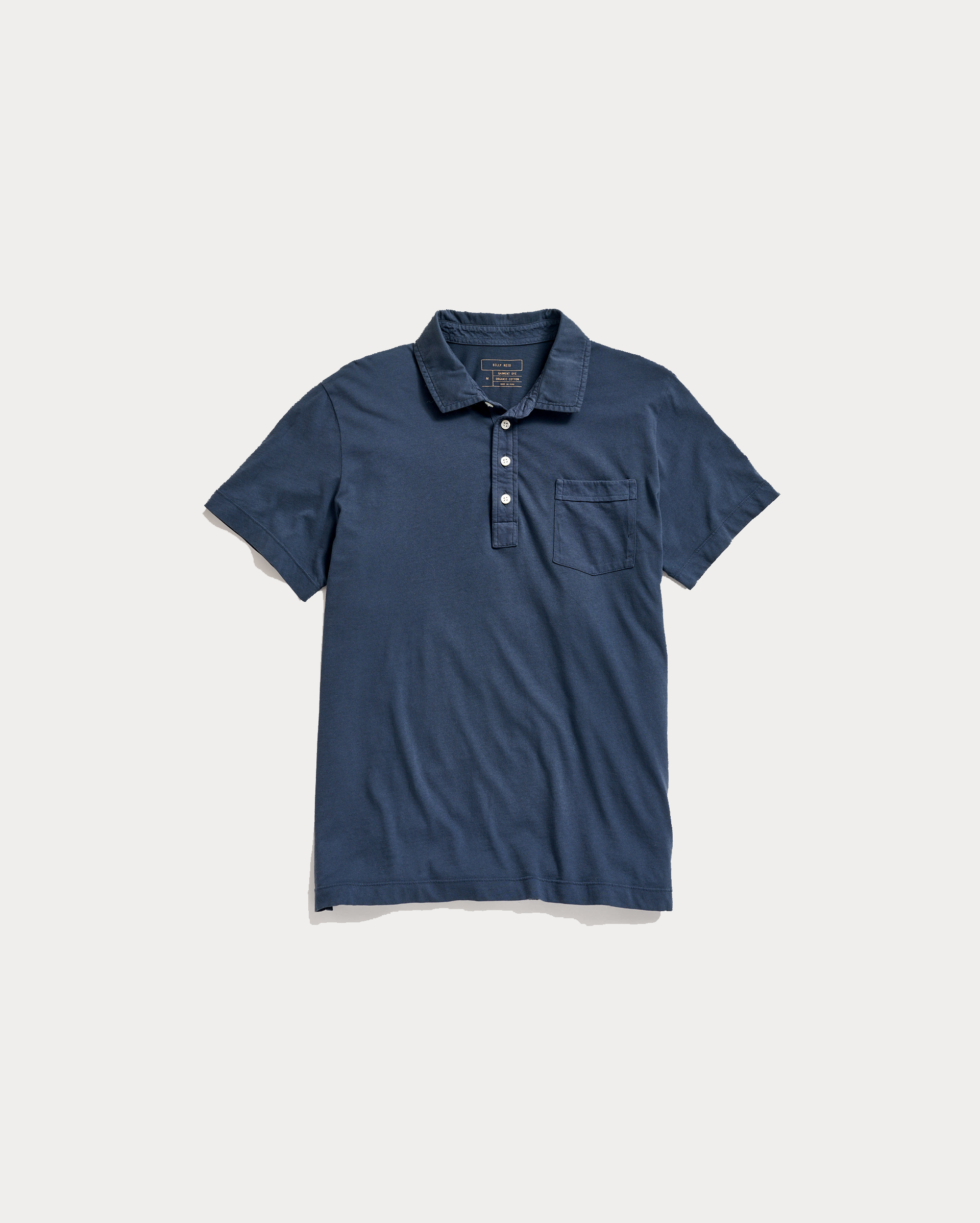 A navy blue short-sleeve polo shirt with a three-button placket and a chest pocket, displayed flat against a light gray background.