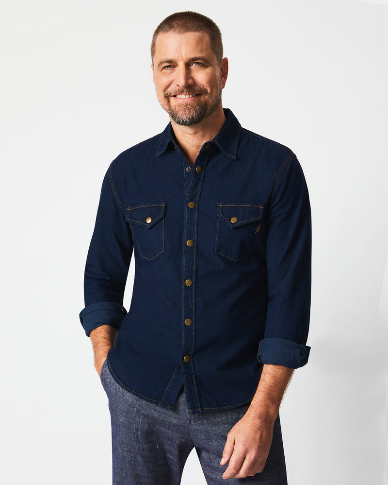Male model wears the Shoals Denim double dye Alternate