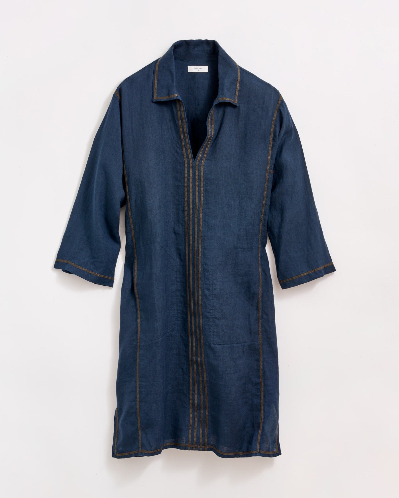 A knee-length, long-sleeve, dark blue denim dress with brown vertical stitching details and a collar, displayed against a plain white background.