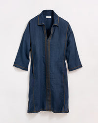 A knee-length, long-sleeve, dark blue denim dress with brown vertical stitching details and a collar, displayed against a plain white background.