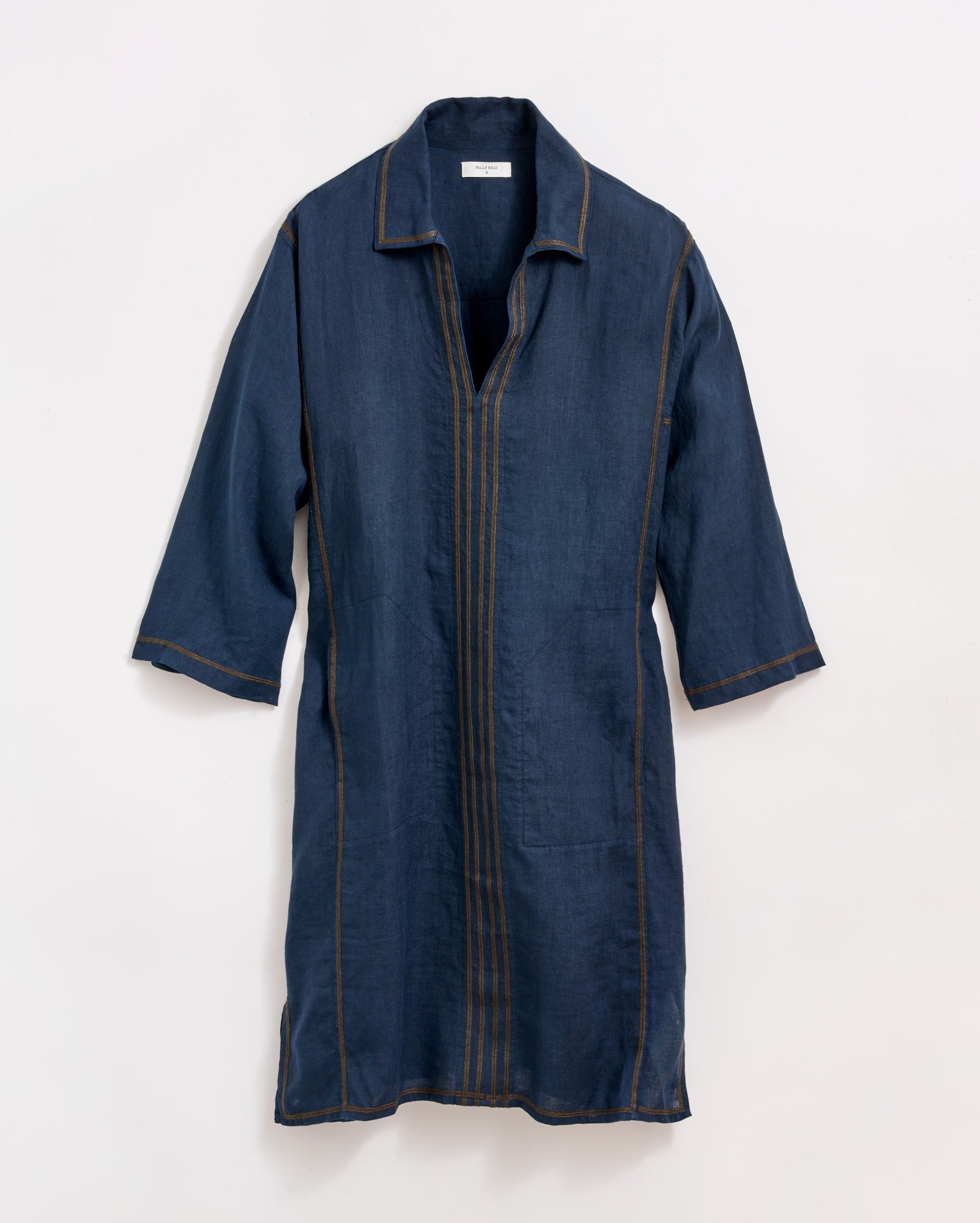 A knee-length, long-sleeve, dark blue denim dress with brown vertical stitching details and a collar, displayed against a plain white background.