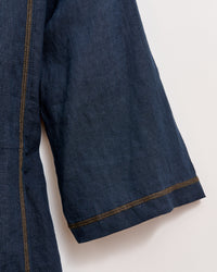Close-up of a dark blue denim sleeve with visible stitching along the edges and seams, against a plain light background.