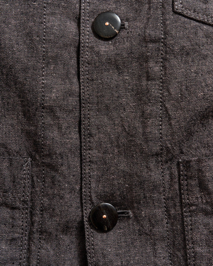 Close-up of a dark gray fabric jacket with two black buttons and visible stitching. The texture of the fabric and part of a pocket are also visible.
