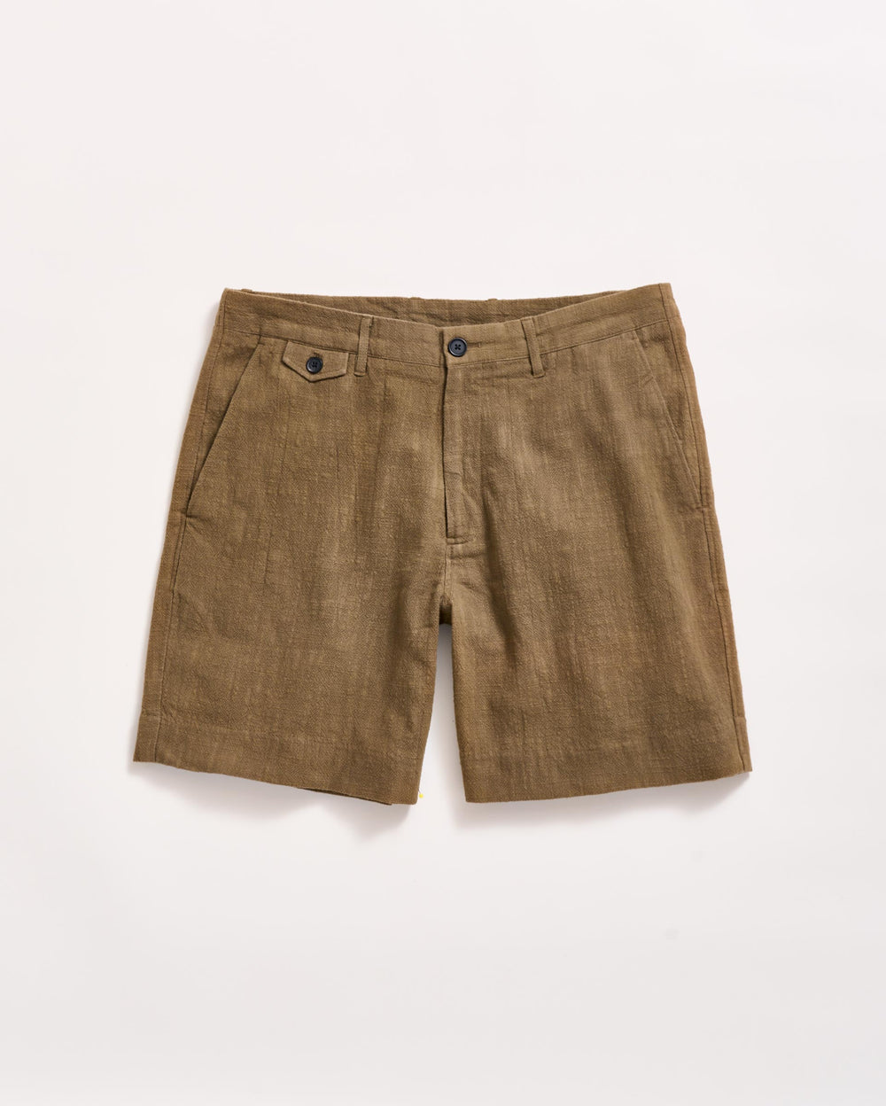 A pair of brown linen shorts with side pockets, belt loops, and a front button and zipper closure, laid flat on a white background.
