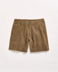 A pair of brown linen shorts with side pockets, belt loops, and a front button and zipper closure, laid flat on a white background.