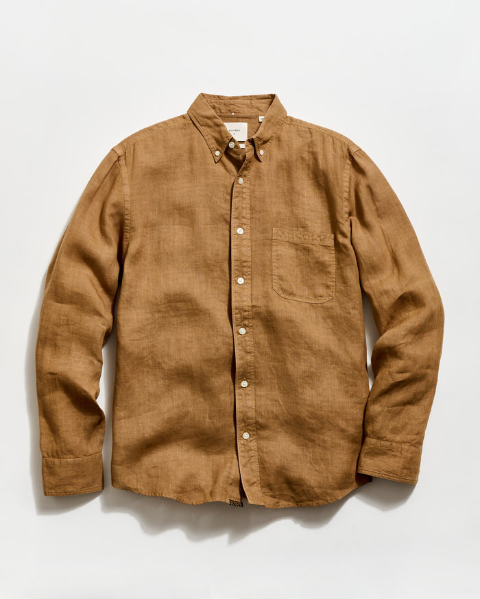 Brown button-up shirt on a light gray background