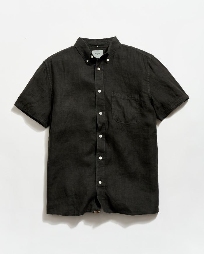 Black short-sleeve button-up shirt on a white background