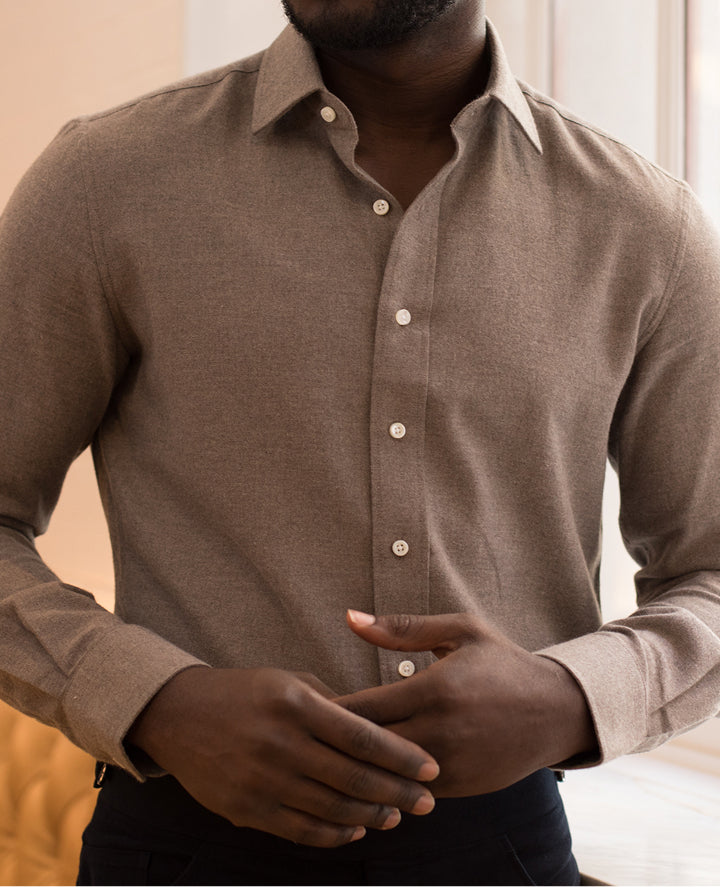 Oatmeal, Merino Wool Jersey, Spread Collar