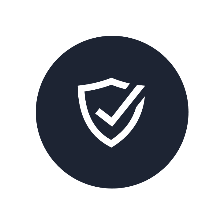 A white shield with a checkmark inside it is centered on a dark blue circle, symbolizing security or verification, against a light gray background.