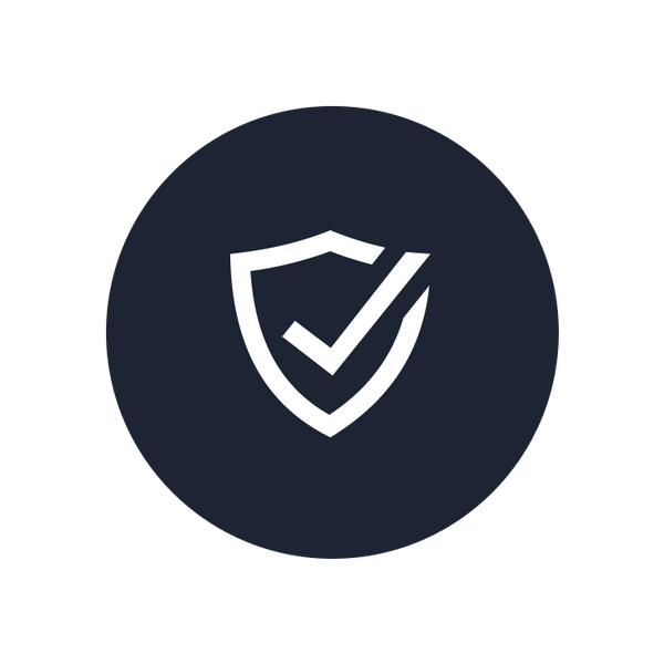 A white shield with a checkmark inside it is centered on a dark blue circle, symbolizing security or verification, against a light gray background.
