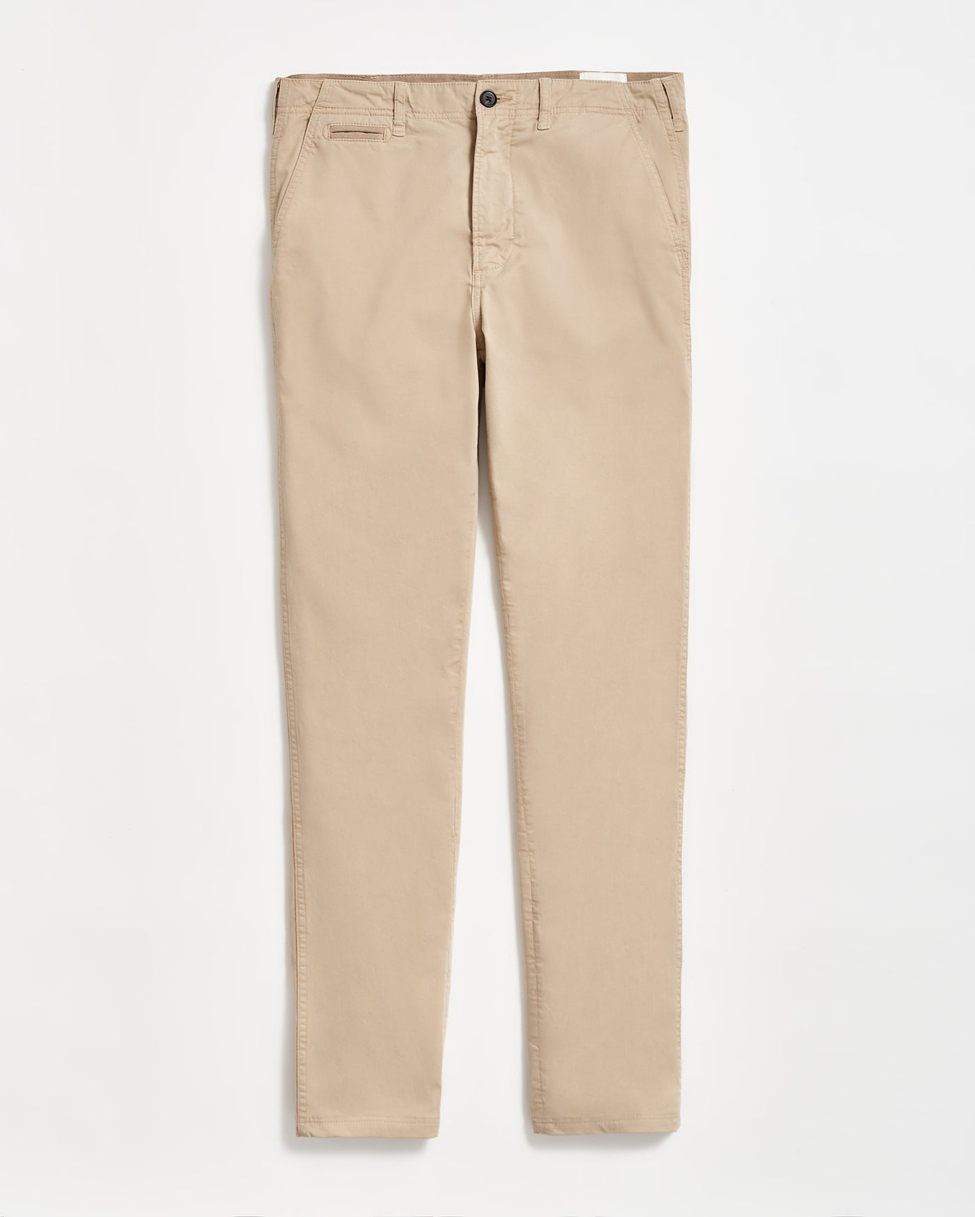 A pair of beige slim-fit chino pants with a button and zip closure, shown laid flat on a white background.